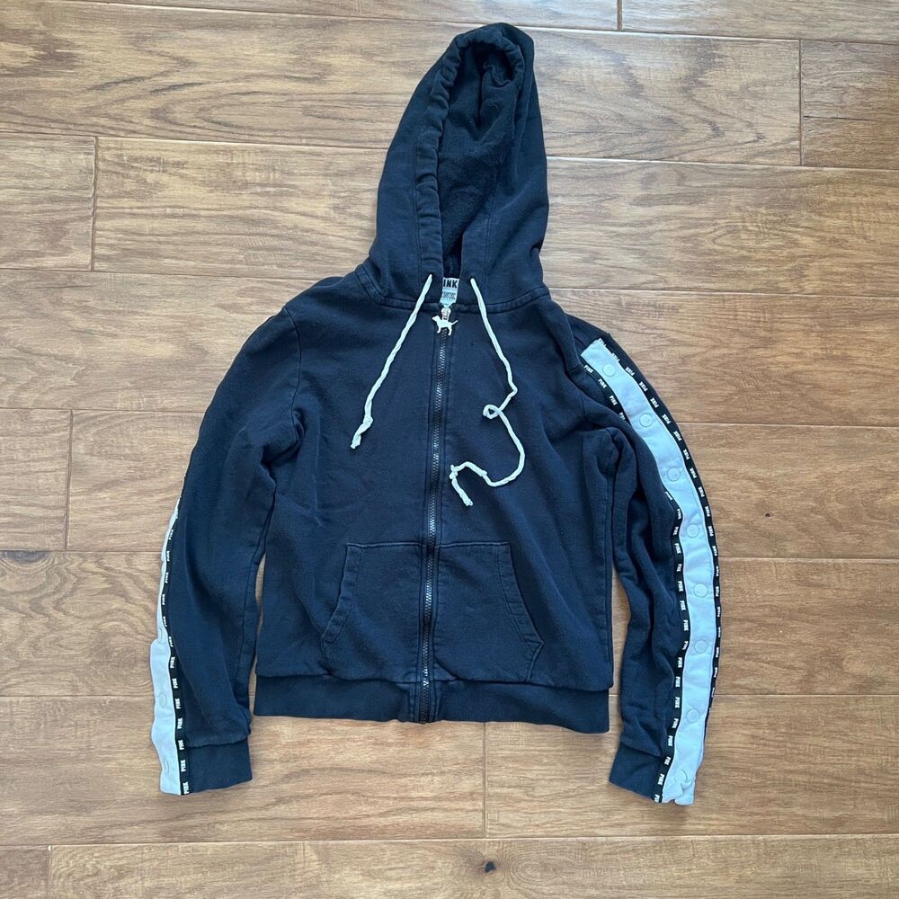 As Is PINK Victoria's Secret Full Zip Hoodie Jacket Sweatshirt M Black/White